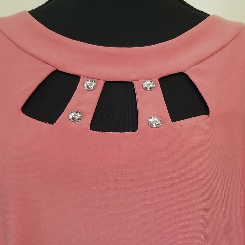 Adele & May Blush Pink Rhinestone Neckline Sheer Sleeve Blouse Career Office L - Picture 4 of 9